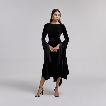 Black Cape Sleeve Twist - Waist Velvet Dress - shopaleena