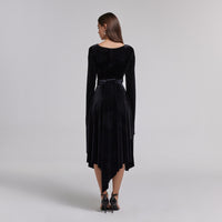 Black Cape Sleeve Twist - Waist Velvet Dress - shopaleena