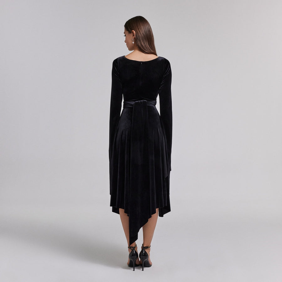 Black Cape Sleeve Twist - Waist Velvet Dress - shopaleena