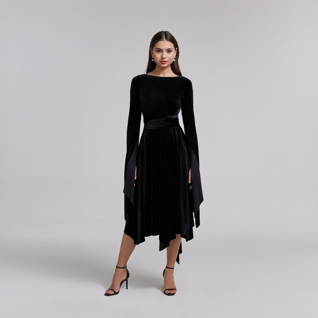 Black Cape Sleeve Twist - Waist Velvet Dress - shopaleena