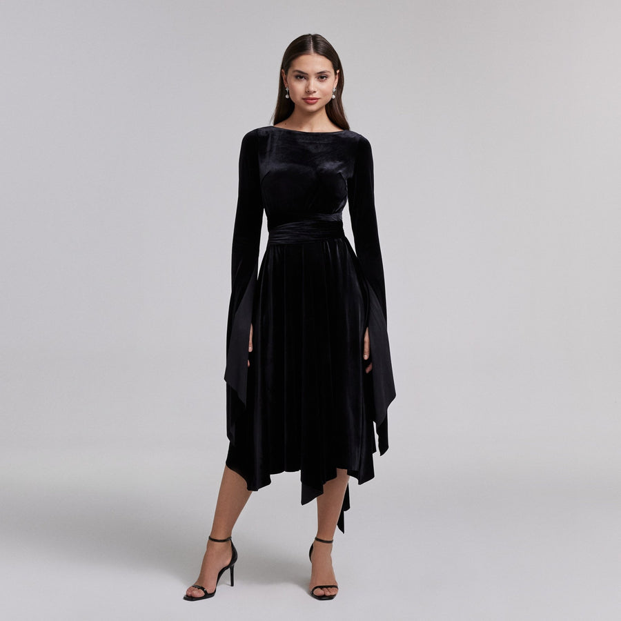 Black Cape Sleeve Twist - Waist Velvet Dress - shopaleena