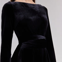 Black Cape Sleeve Twist - Waist Velvet Dress - shopaleena