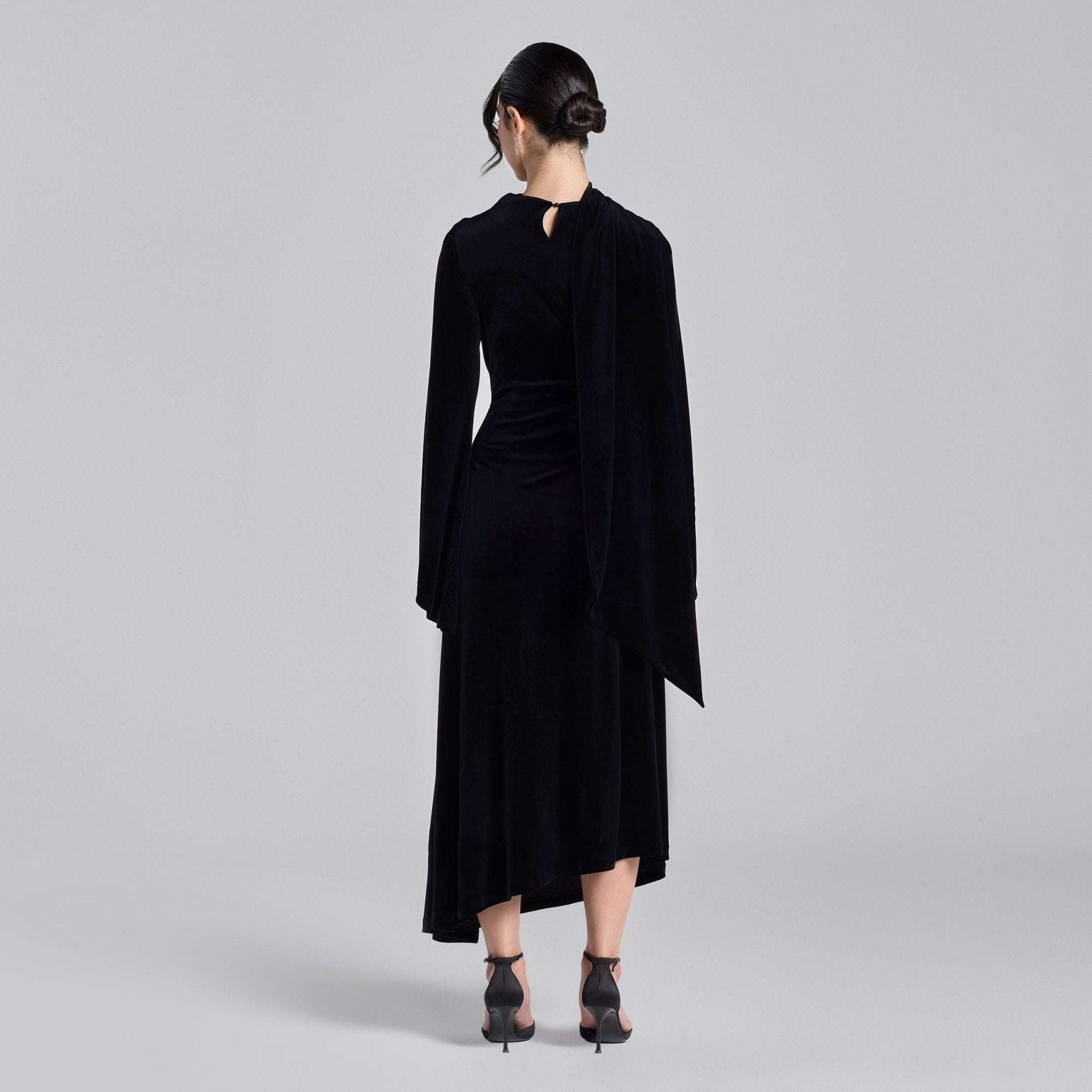 Black Cowl Neck Draped Velvet Midi Dress - shopaleena
