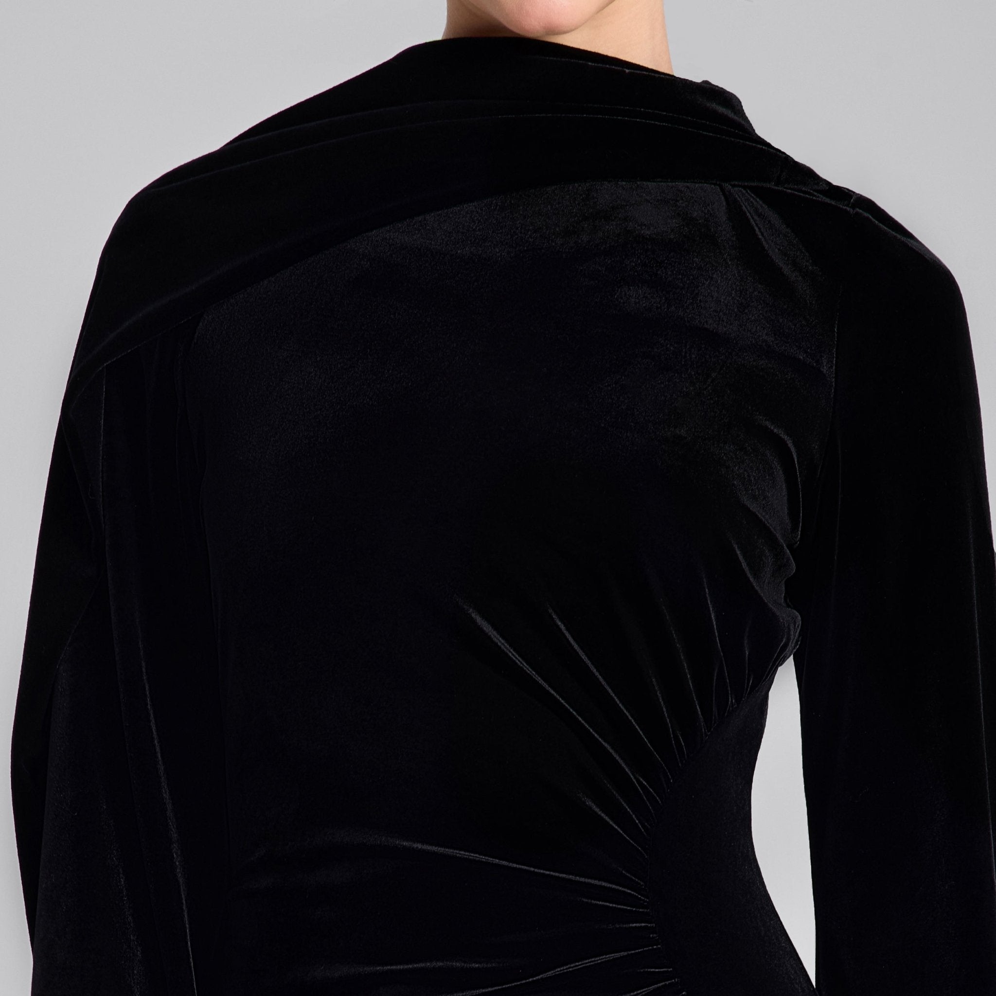 Black Cowl Neck Draped Velvet Midi Dress - shopaleena