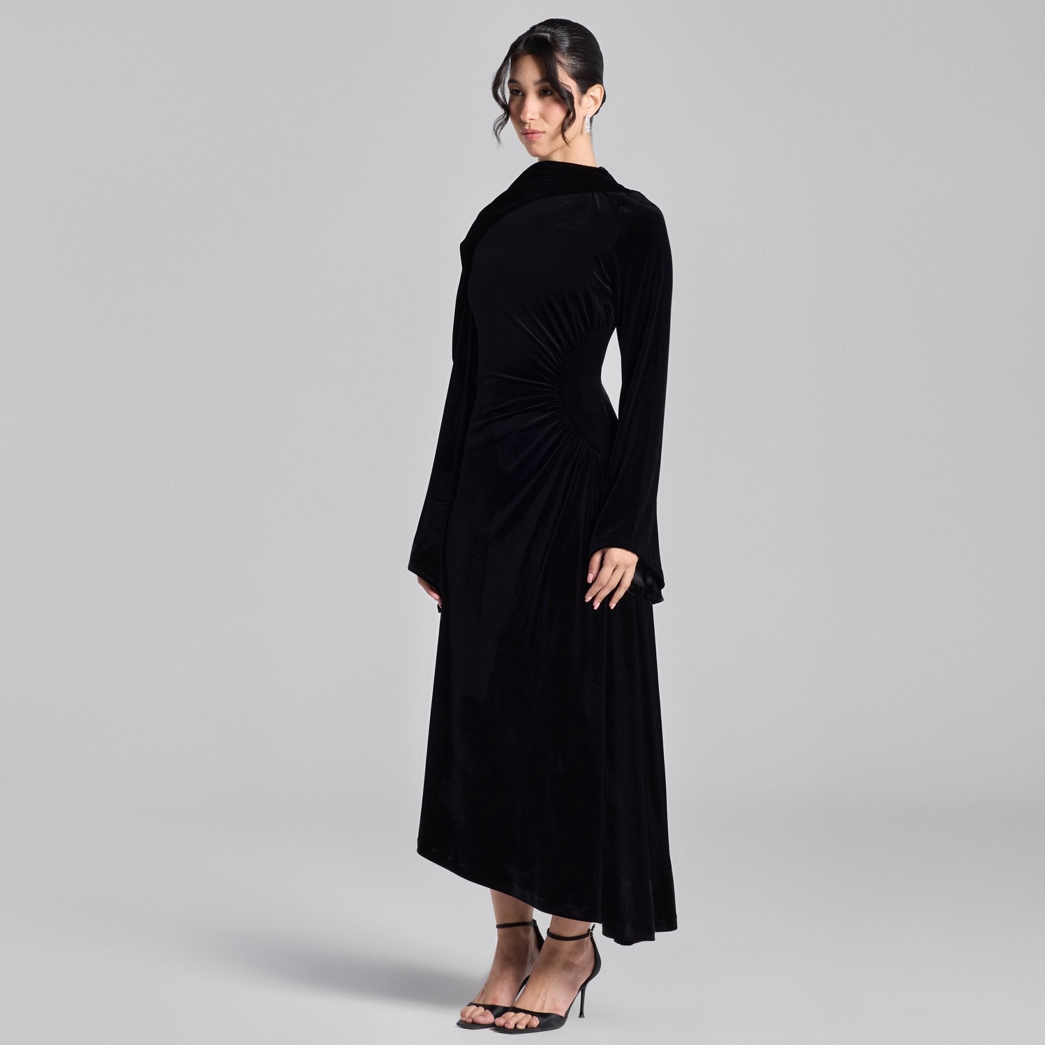 Black Cowl Neck Draped Velvet Midi Dress - shopaleena