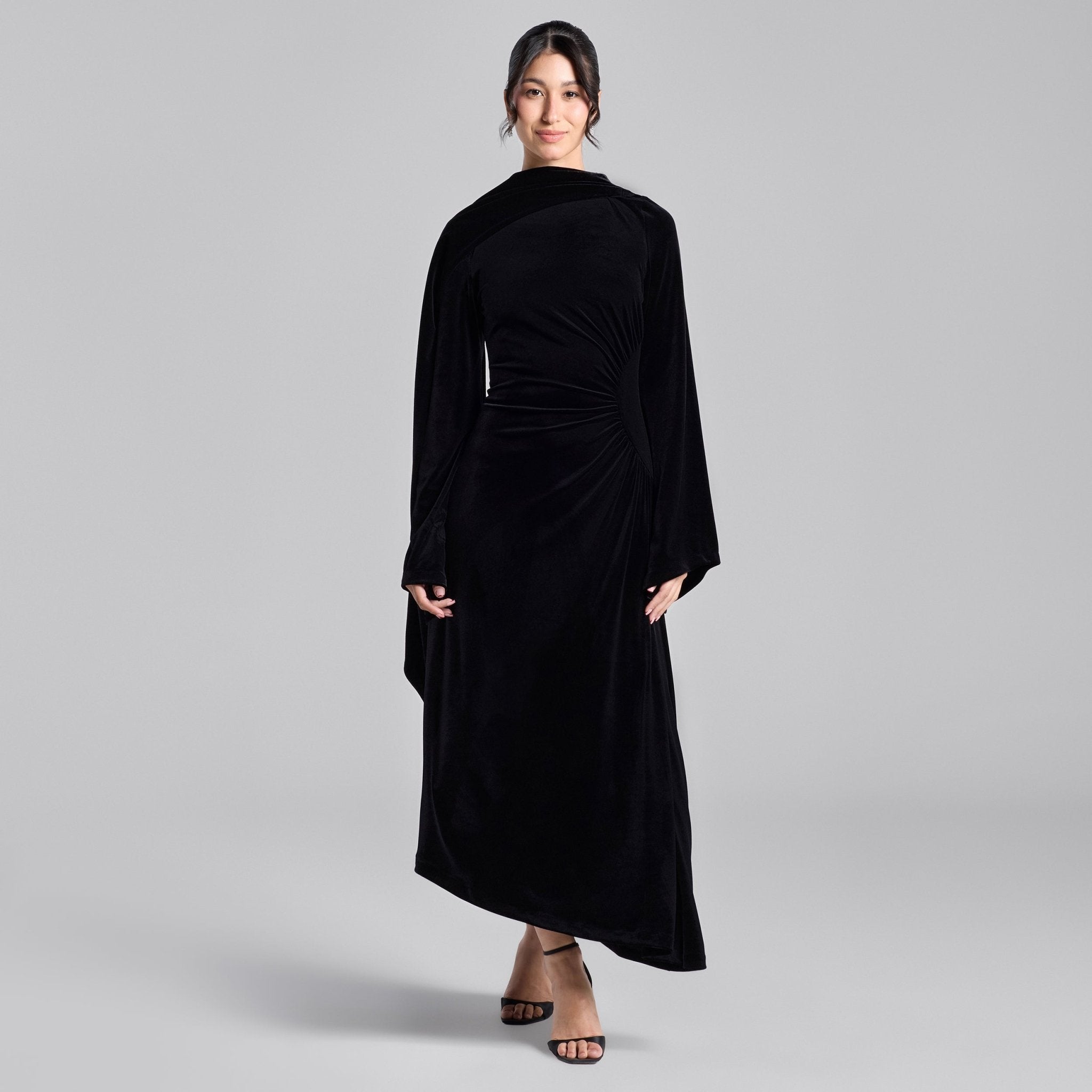 Black Cowl Neck Draped Velvet Midi Dress - shopaleena