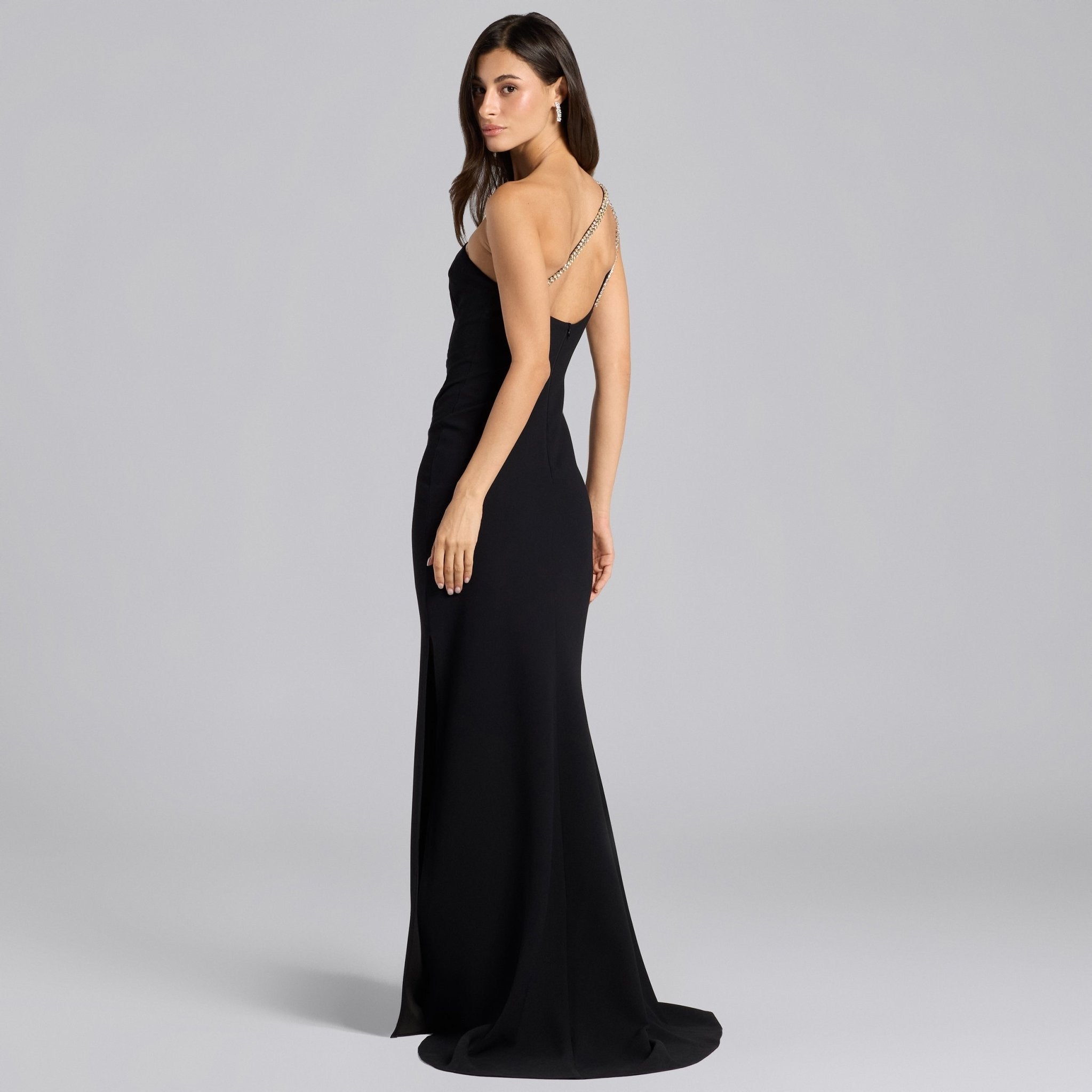 Black Crepe Crystal Trim Maxi Dress - shopaleena