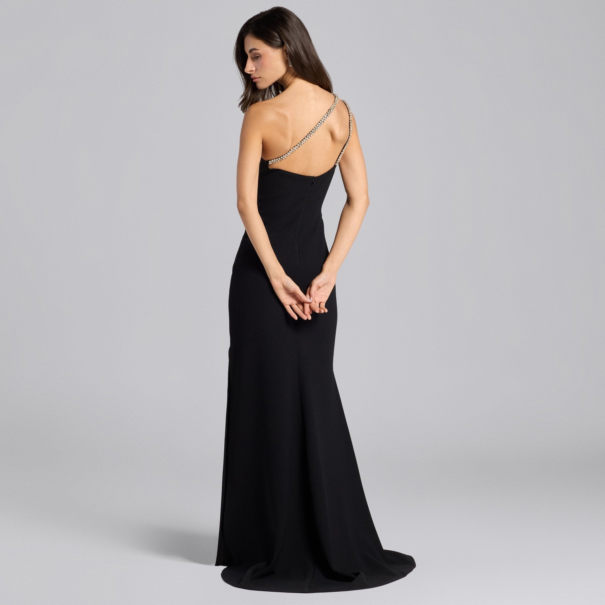 Black Crepe Crystal Trim Maxi Dress - shopaleena