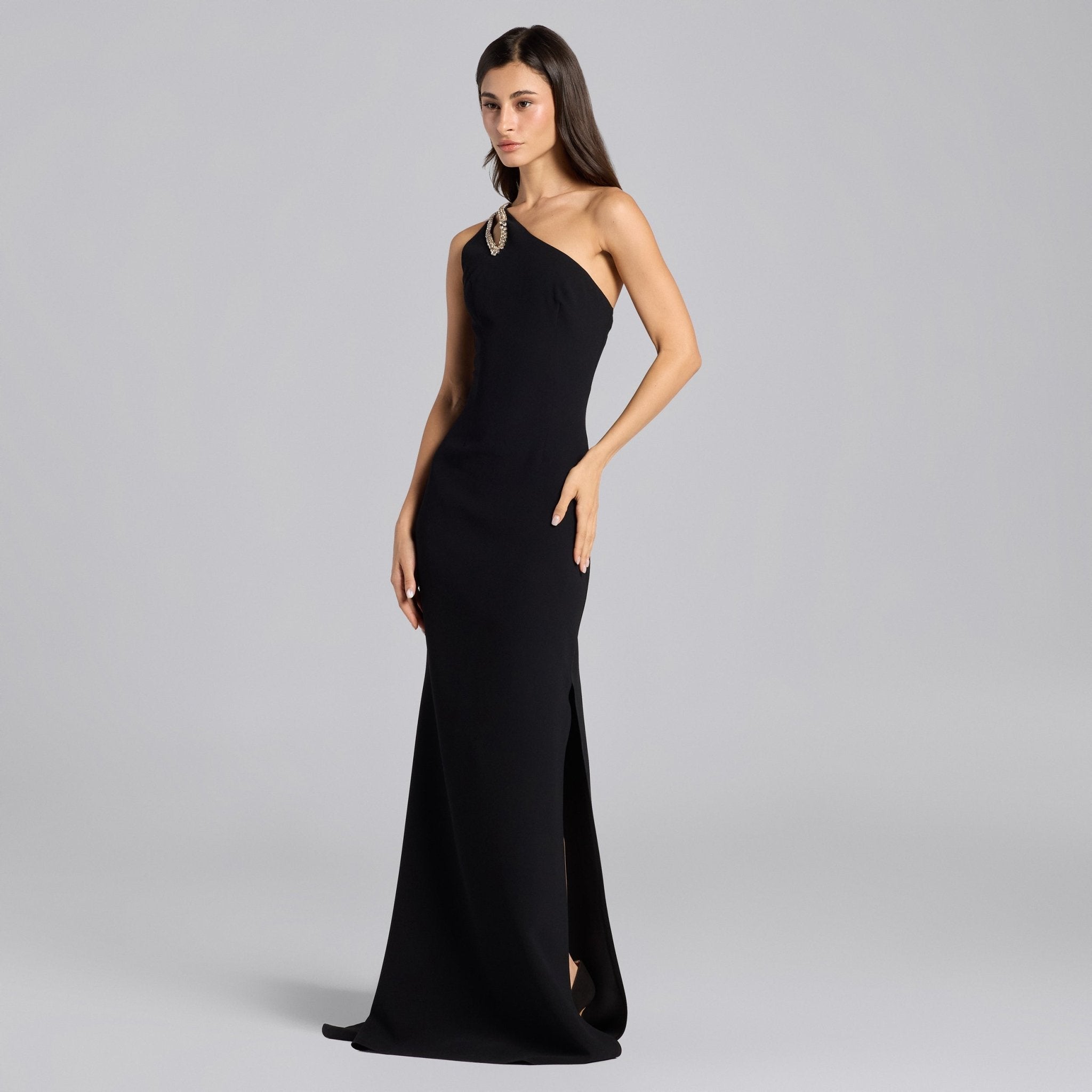 Black Crepe Crystal Trim Maxi Dress - shopaleena