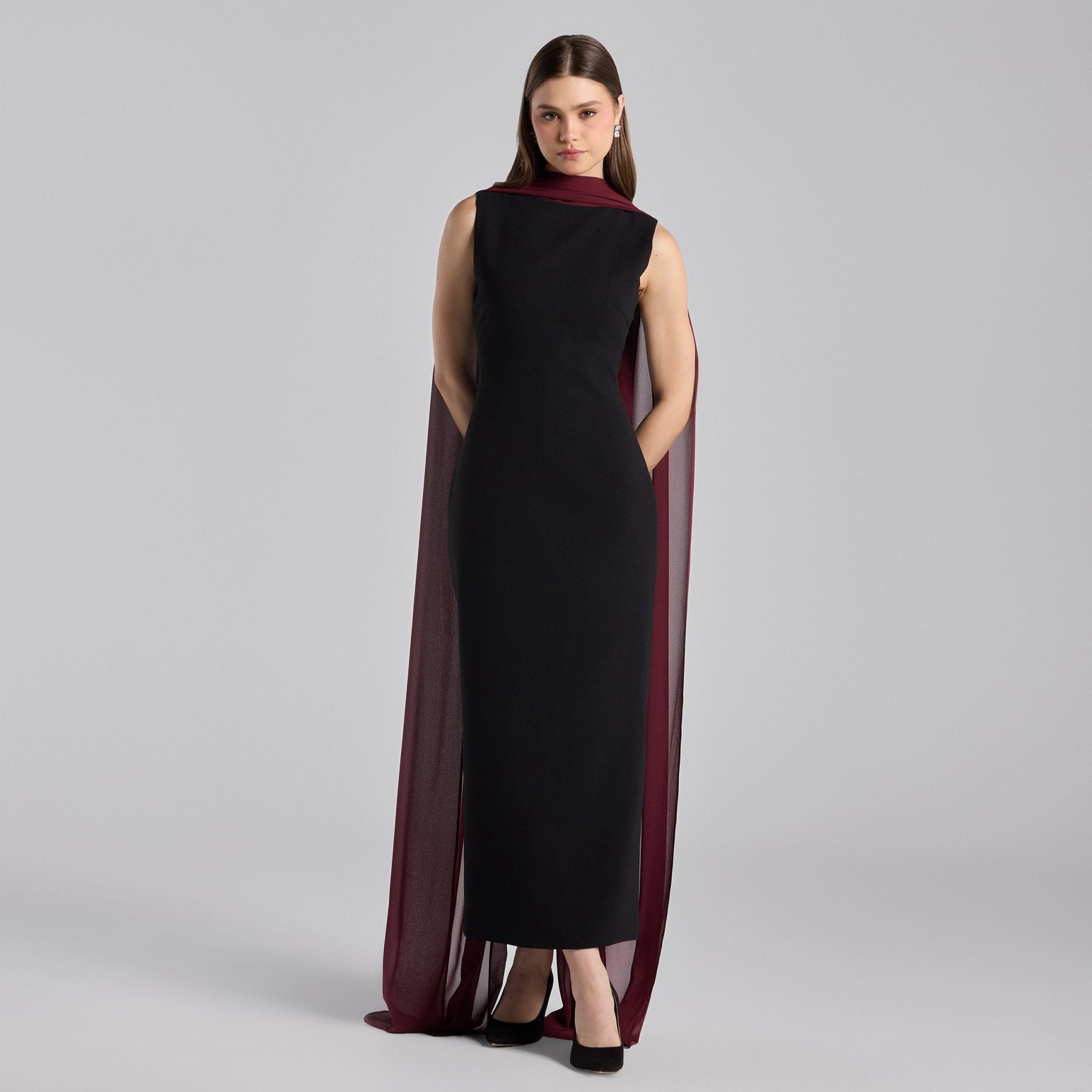 Black Crepe Dress with Draped Chiffon Scarf - shopaleena