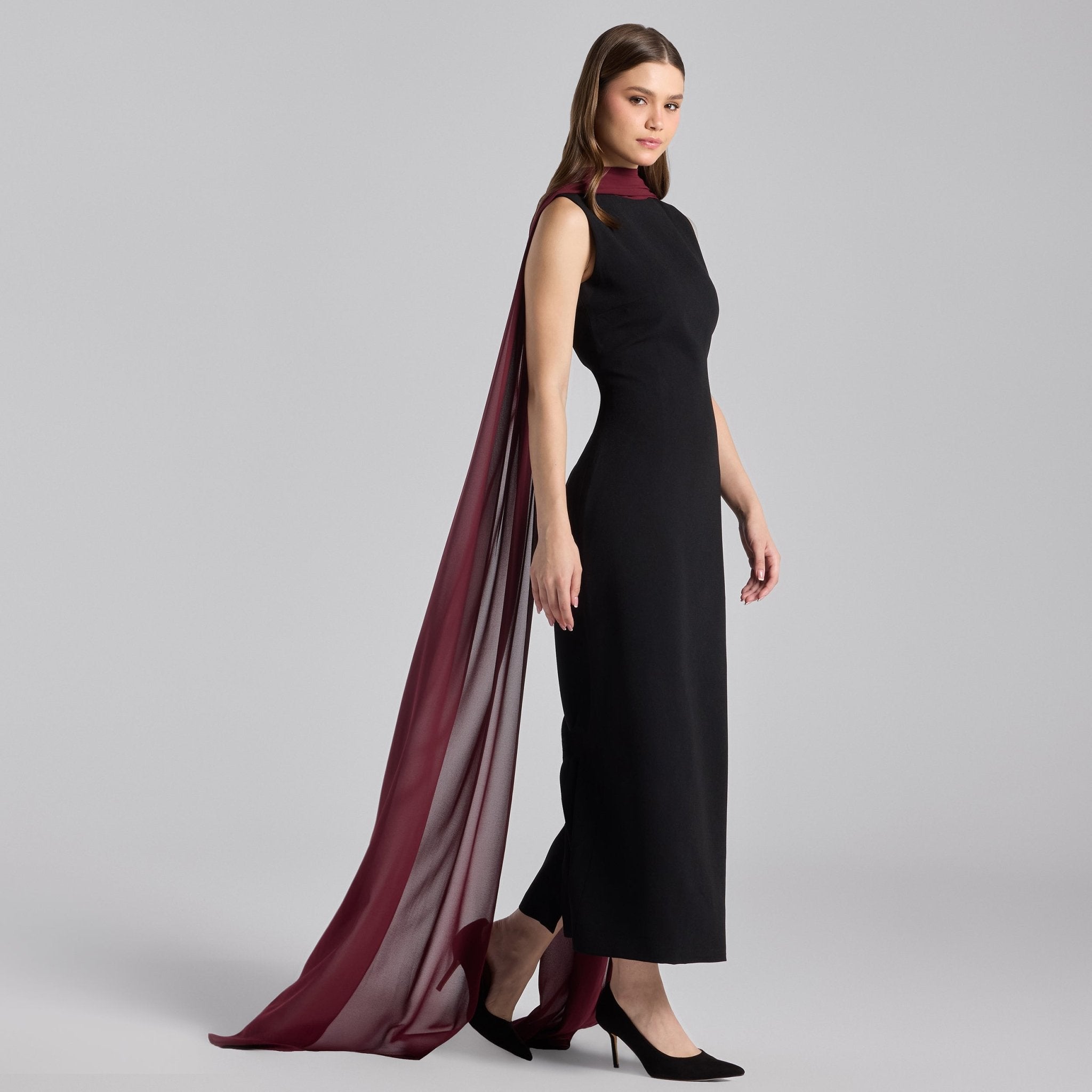 Black Crepe Dress with Draped Chiffon Scarf - shopaleena