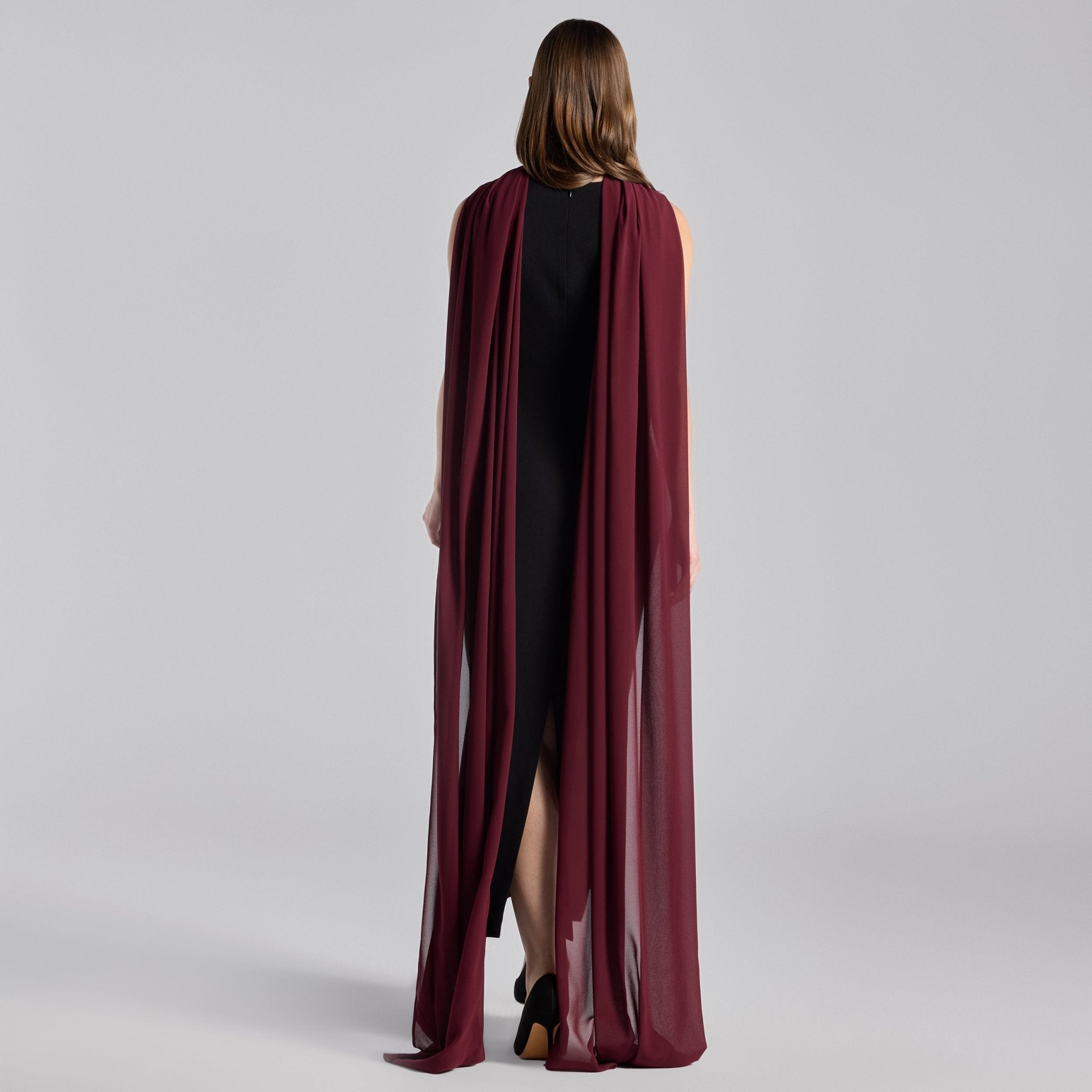 Black Crepe Dress with Draped Chiffon Scarf - shopaleena