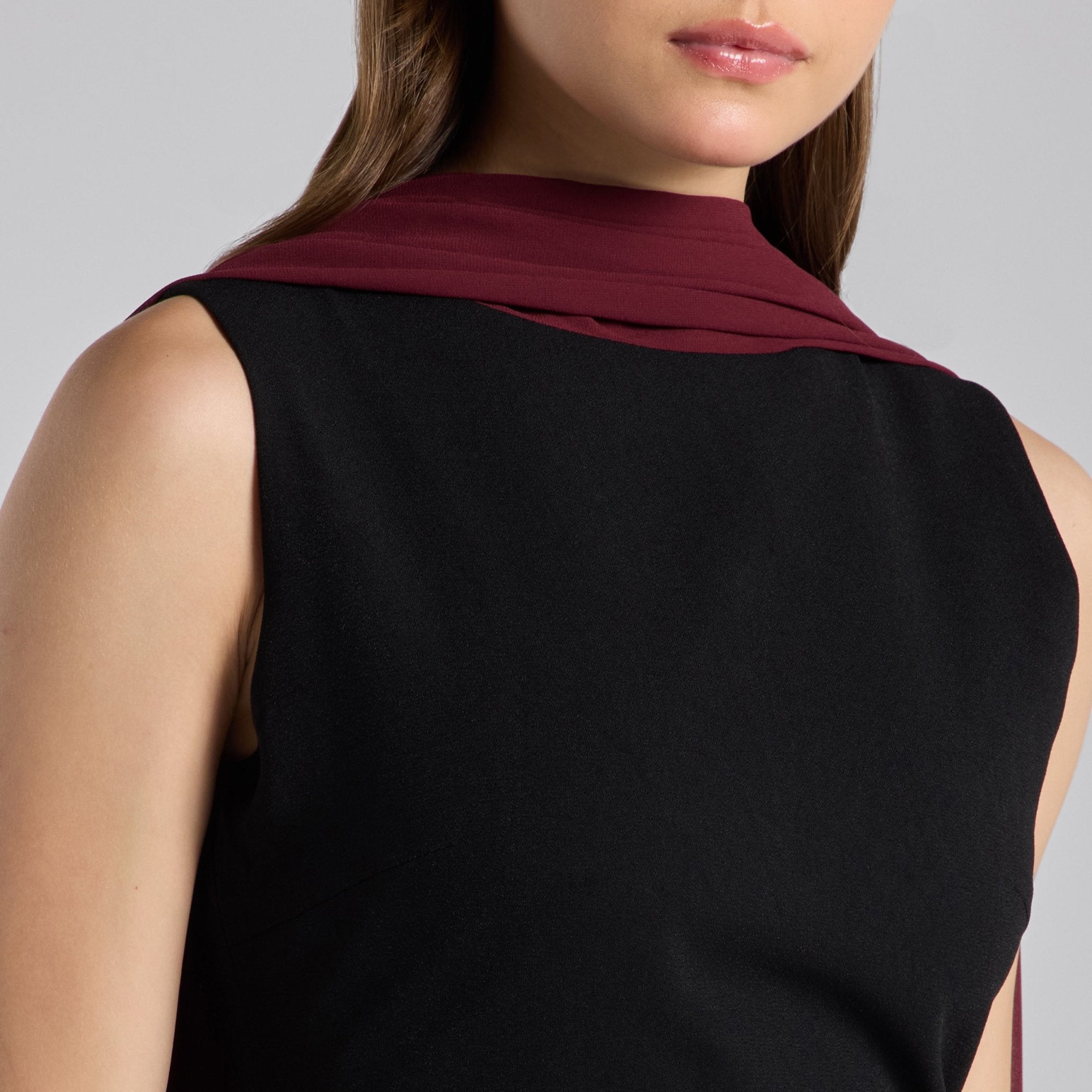 Black Crepe Dress with Draped Chiffon Scarf - shopaleena