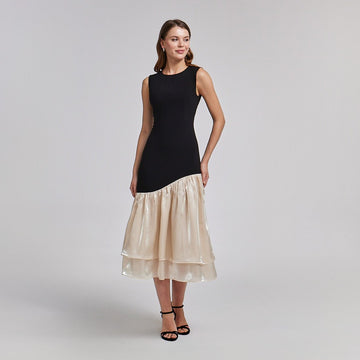 Black Crepe Dress with Organza Ruffles - shopaleena