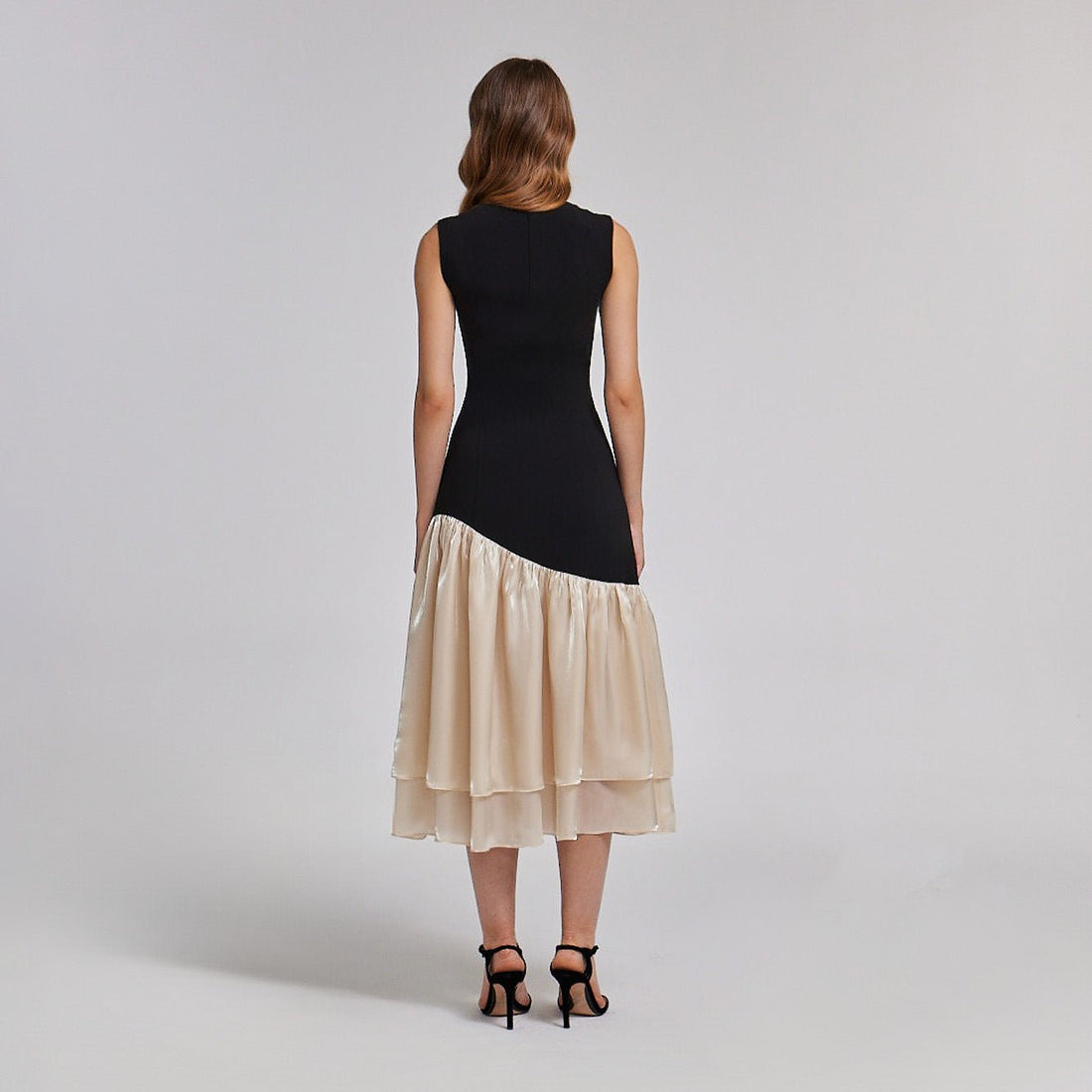 Black Crepe Dress with Organza Ruffles - shopaleena