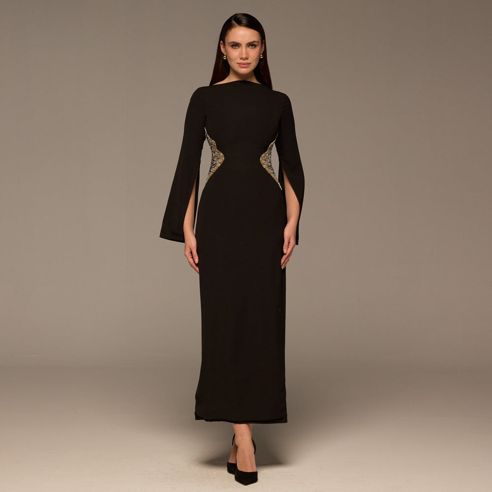 Black Crepe Maxi Dress with Gold embroidery shopaleena Black Crepe Maxi Dress with Gold embroidery shopaleena