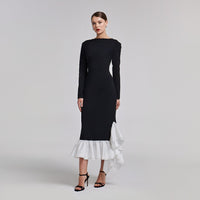 Black Crepe Midi Dress With White Ruffles - shopaleena