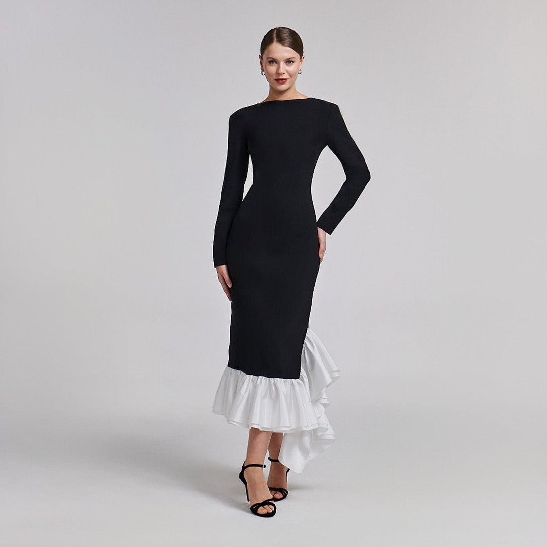 Black Crepe Midi Dress With White Ruffles - shopaleena