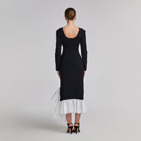 Black Crepe Midi Dress With White Ruffles - shopaleena