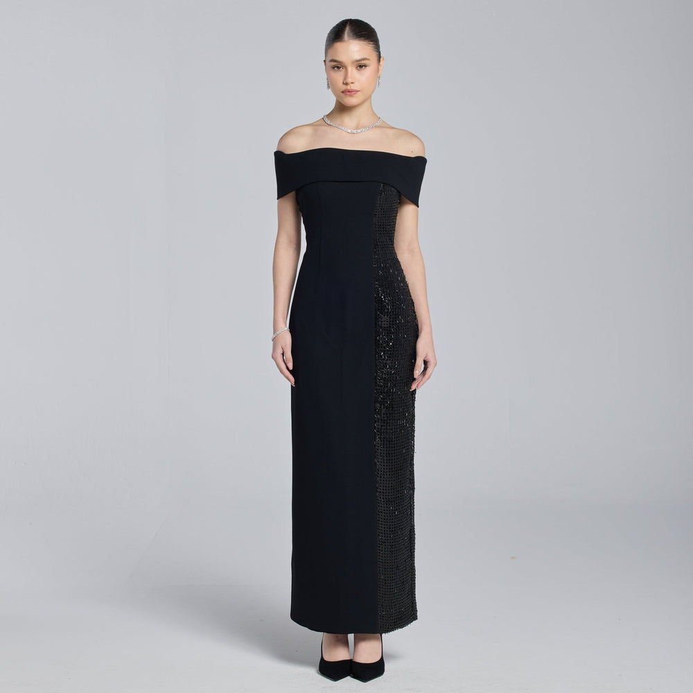 black off the shoulder slit dress Black Sheath Court Train Off Shoulder Sleeveless Side Slit Prom Dresses