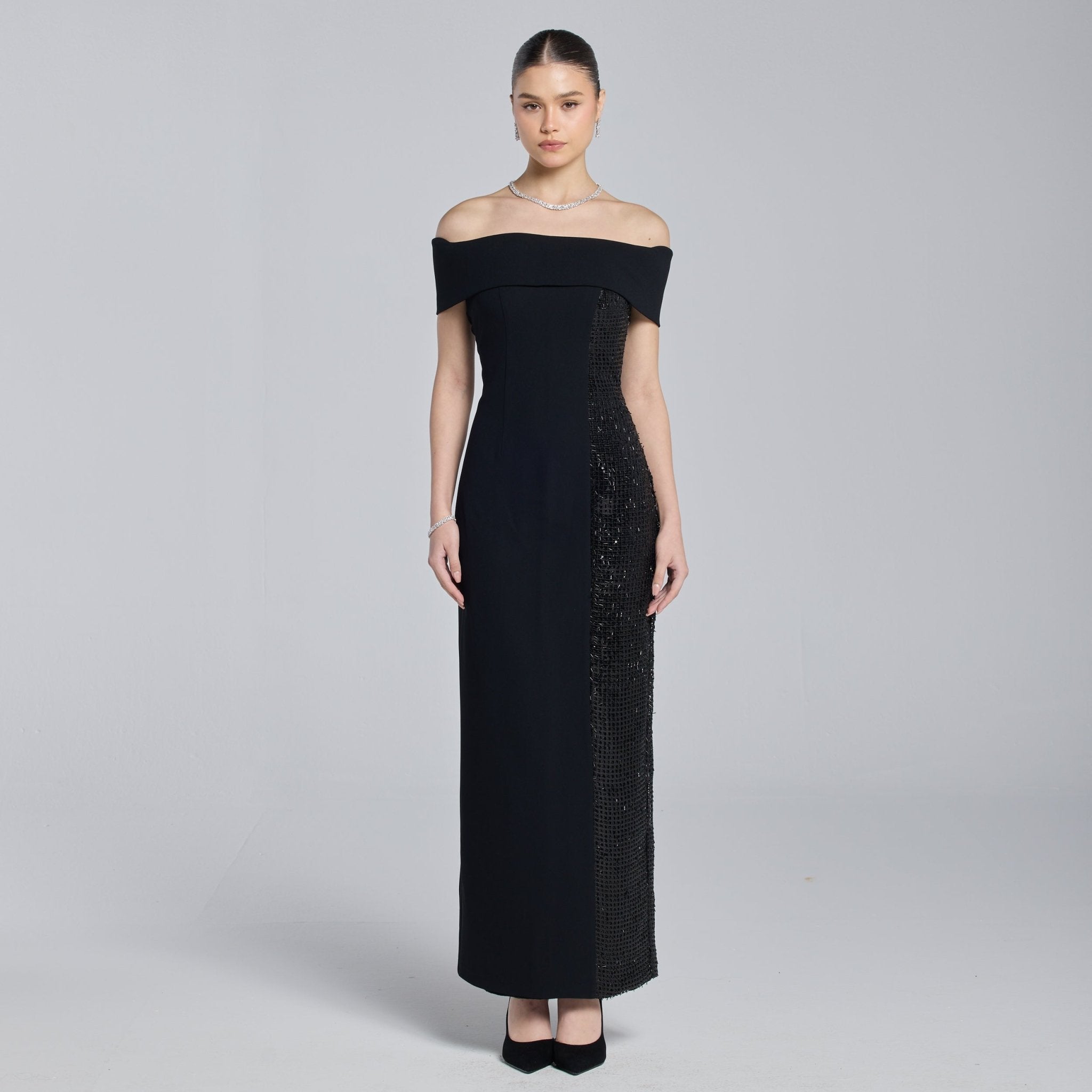 Black Crepe Off Shoulder Slit Maxi Dress - shopaleena