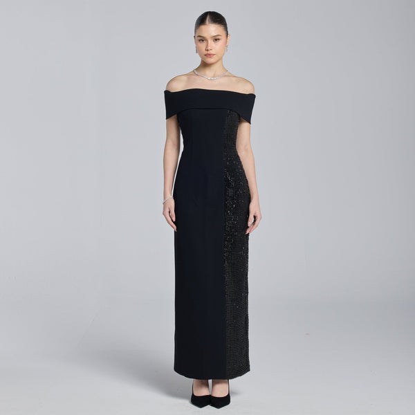 slim fit dress slacks Elegant Black Lace Off The Shoulder Prom Dresses with Leg Slit