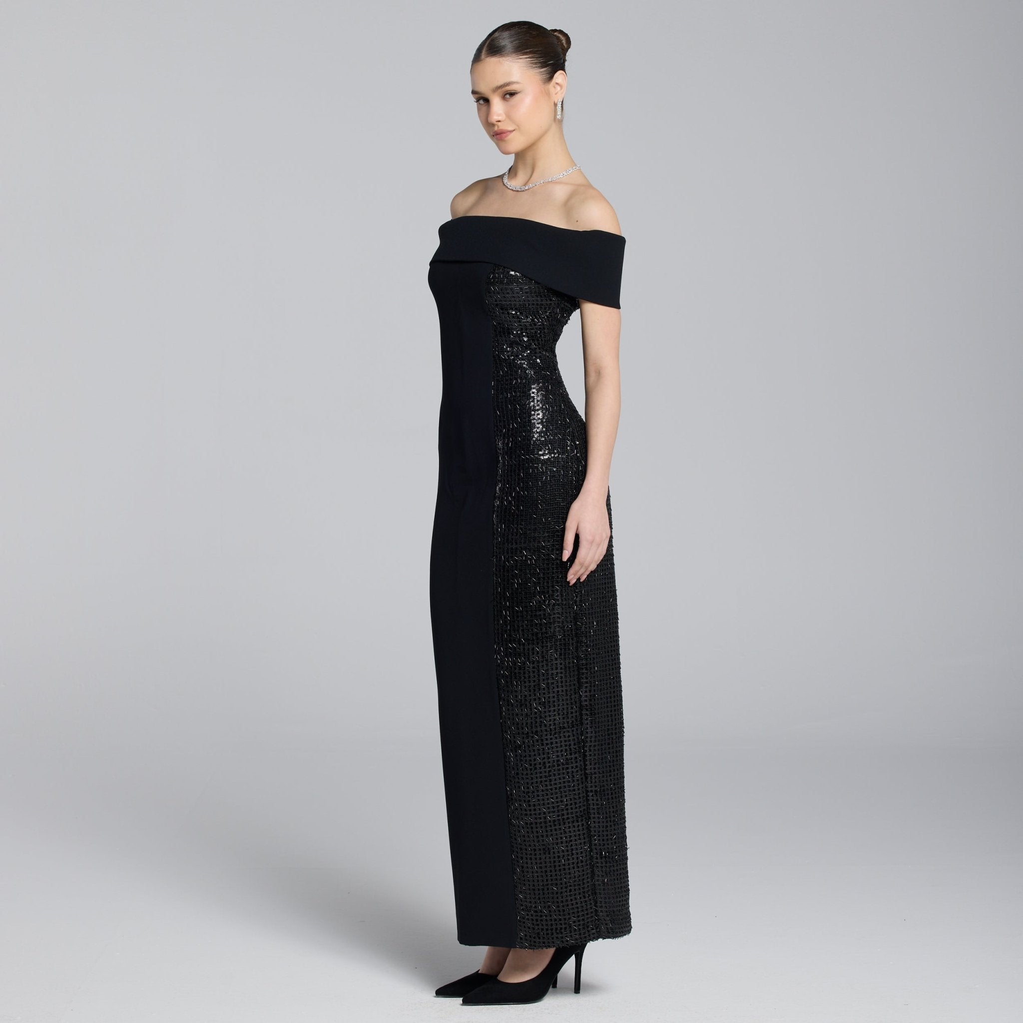 Black Crepe Off Shoulder Slit Maxi Dress – shopaleena
