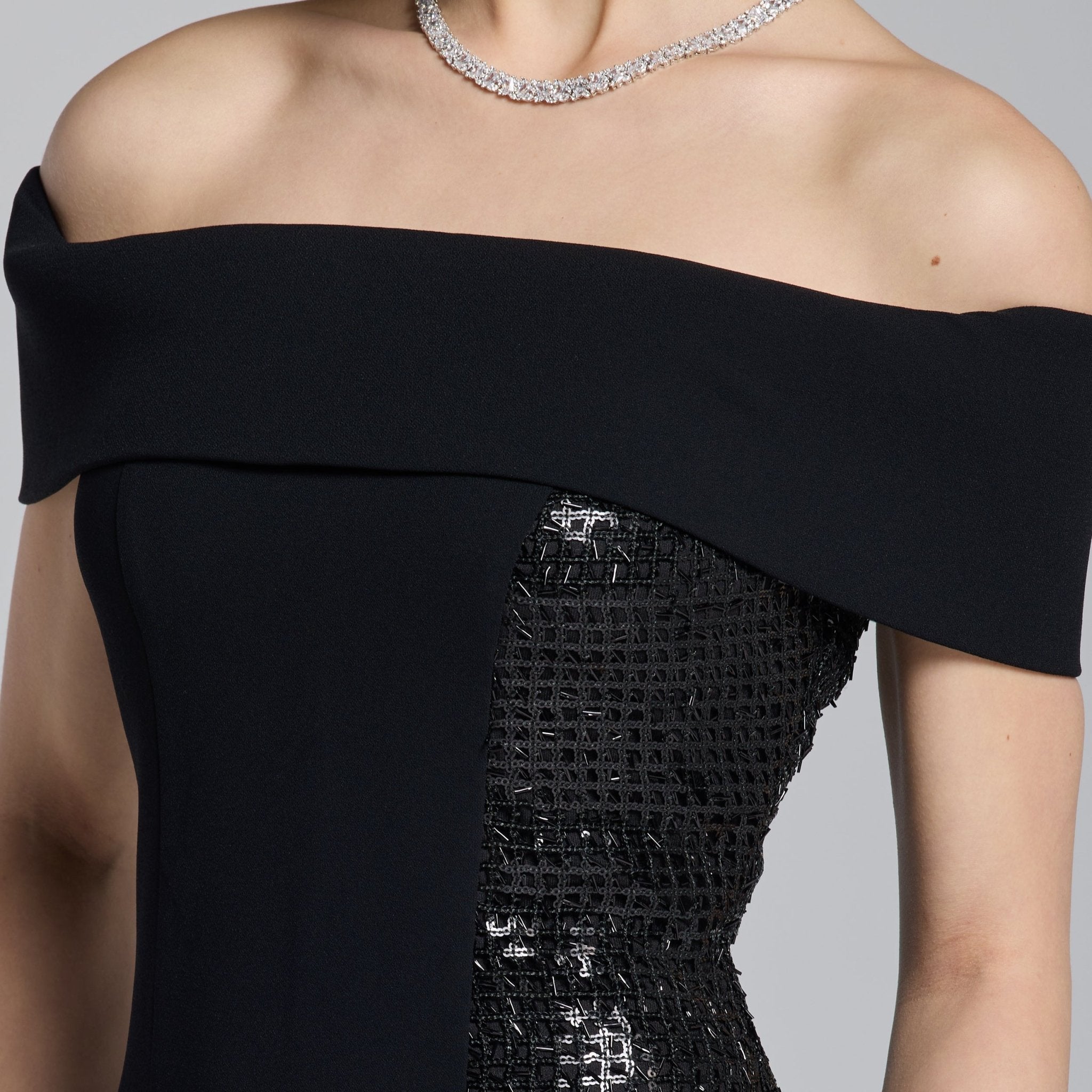 Black Crepe Off Shoulder Slit Maxi Dress - shopaleena