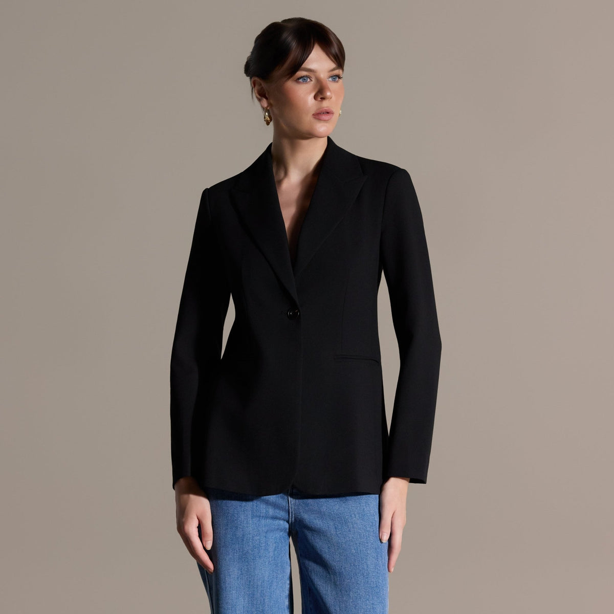 Black Crepe One-Button Tailored Blazer - shopaleena