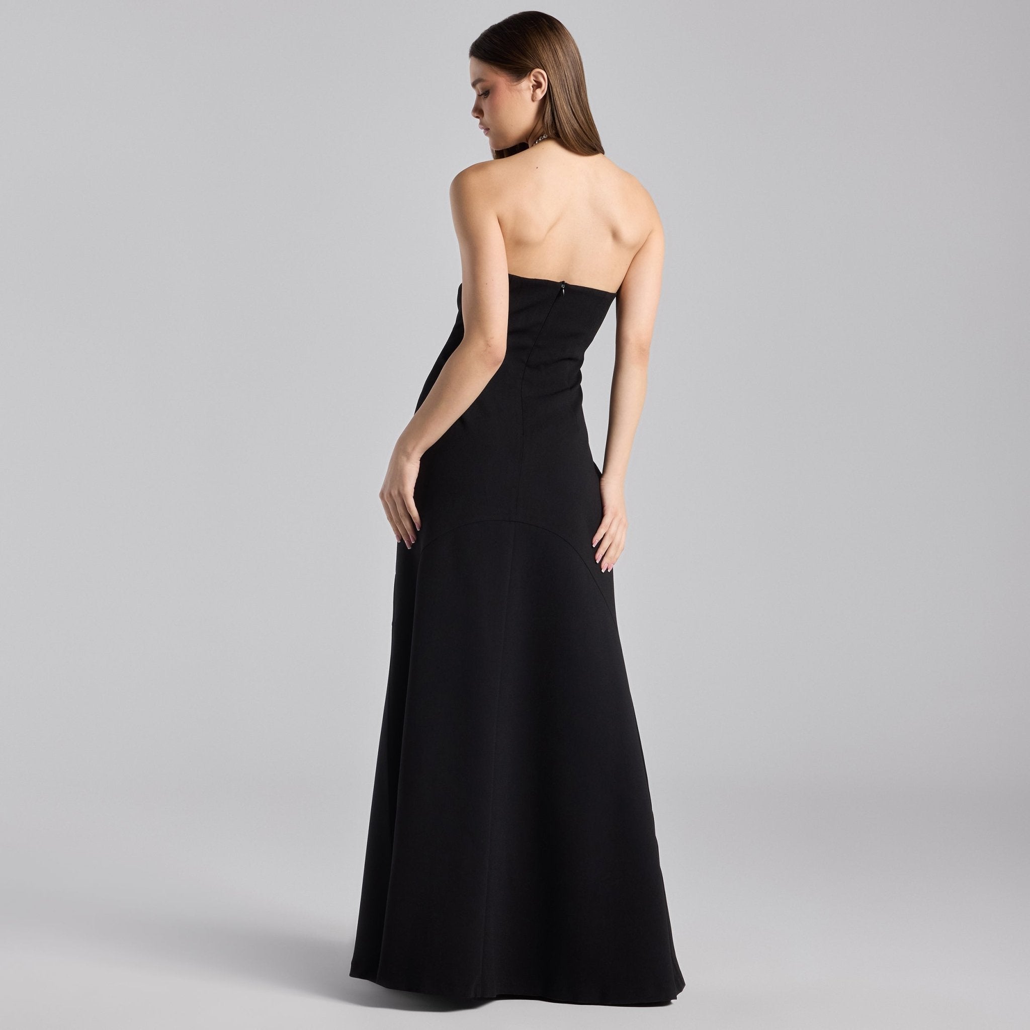 Black Crepe Pearl Halter Maxi Dress - shopaleena
