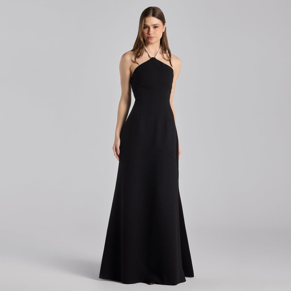 Black Crepe Pearl Halter Maxi Dress - shopaleena