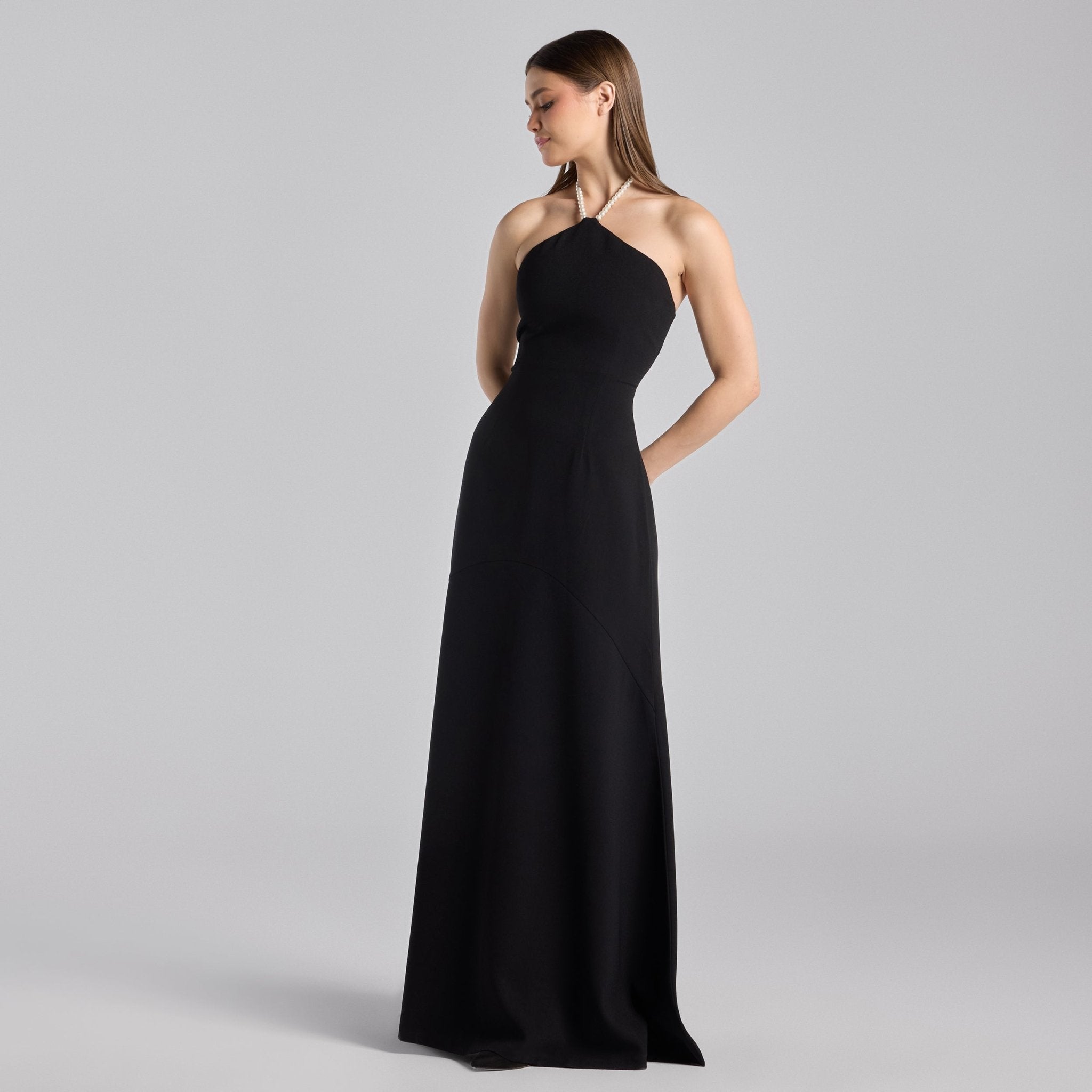 Black Crepe Pearl Halter Maxi Dress - shopaleena