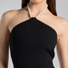 Black Crepe Pearl Halter Maxi Dress - shopaleena