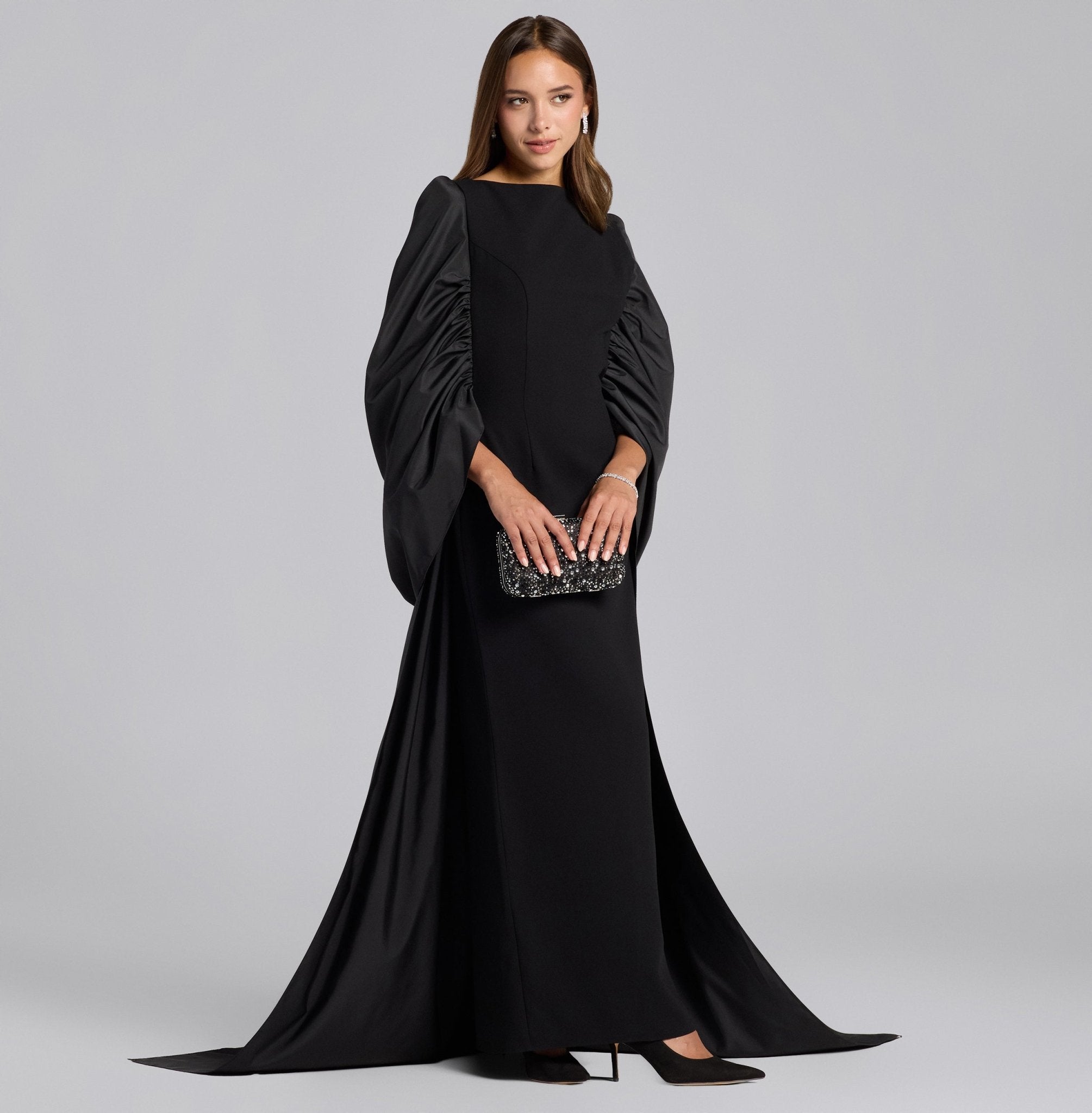 Black Crepe - Taffeta Gown with Long Back Shawl - shopaleena