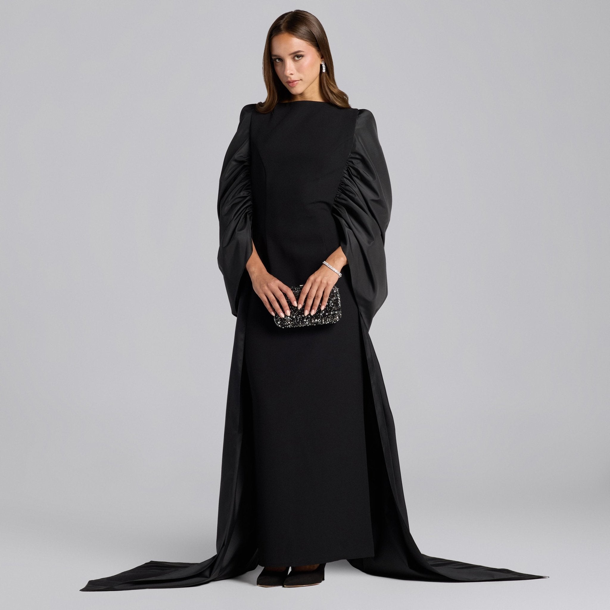 Black Crepe - Taffeta Gown with Long Back Shawl - shopaleena