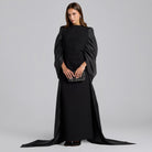 Black Crepe - Taffeta Gown with Long Back Shawl - shopaleena