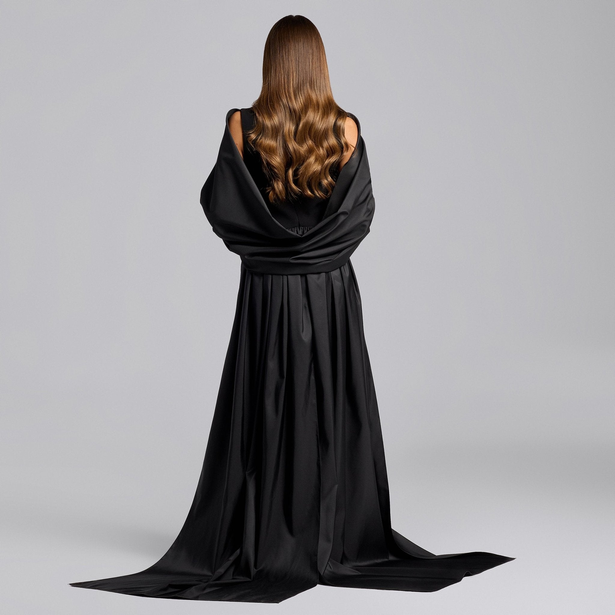 Black Crepe - Taffeta Gown with Long Back Shawl - shopaleena
