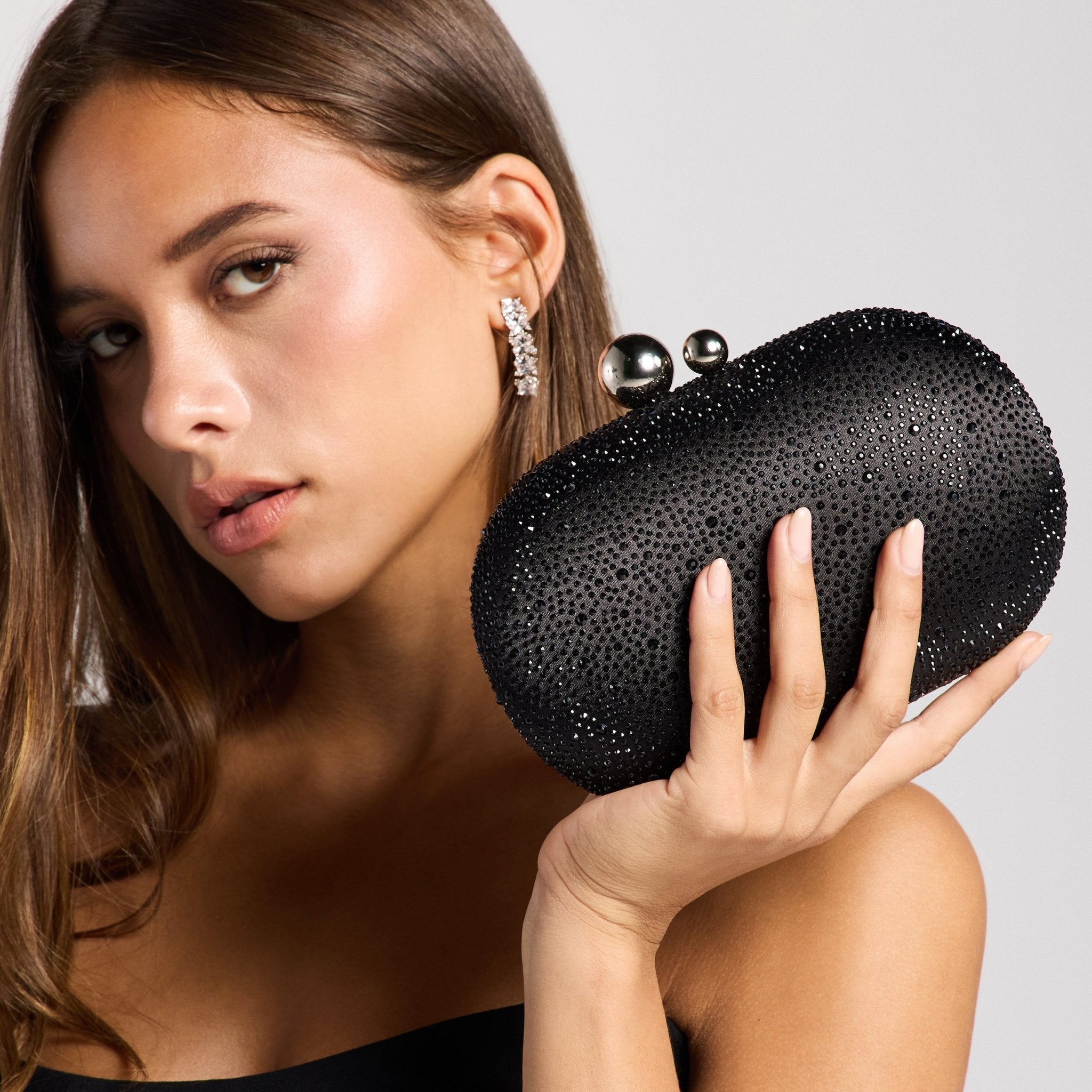 Black Crystal Beaded Oval Clutch - shopaleena