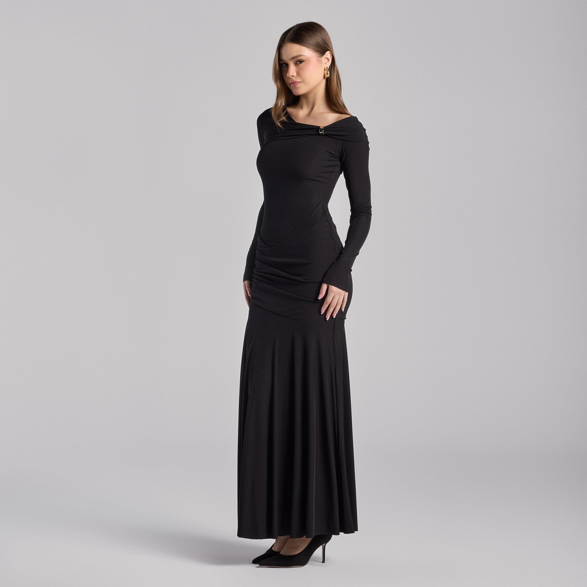 Black Draped Jersey Maxi Dress - shopaleena