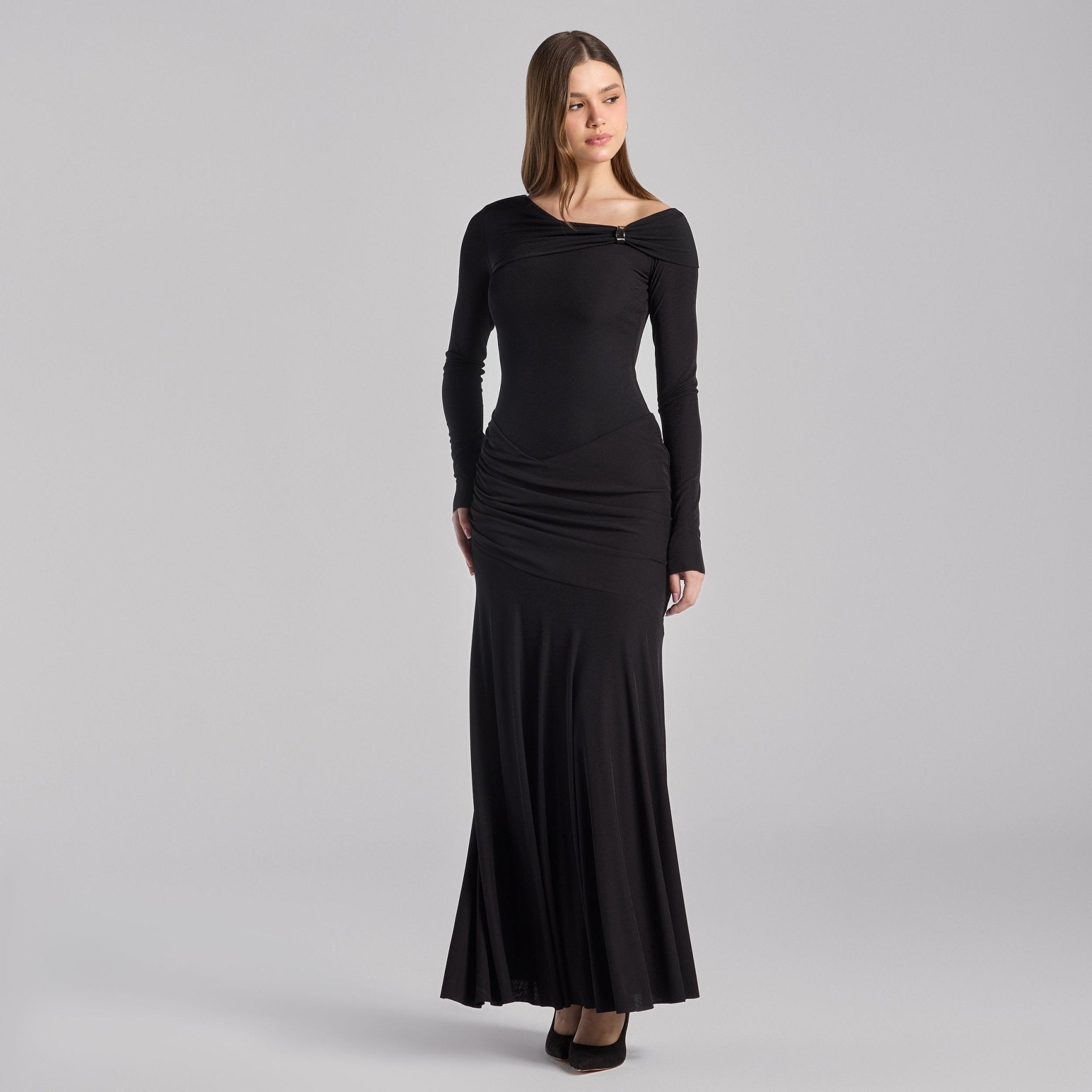 Black Draped Jersey Maxi Dress - shopaleena