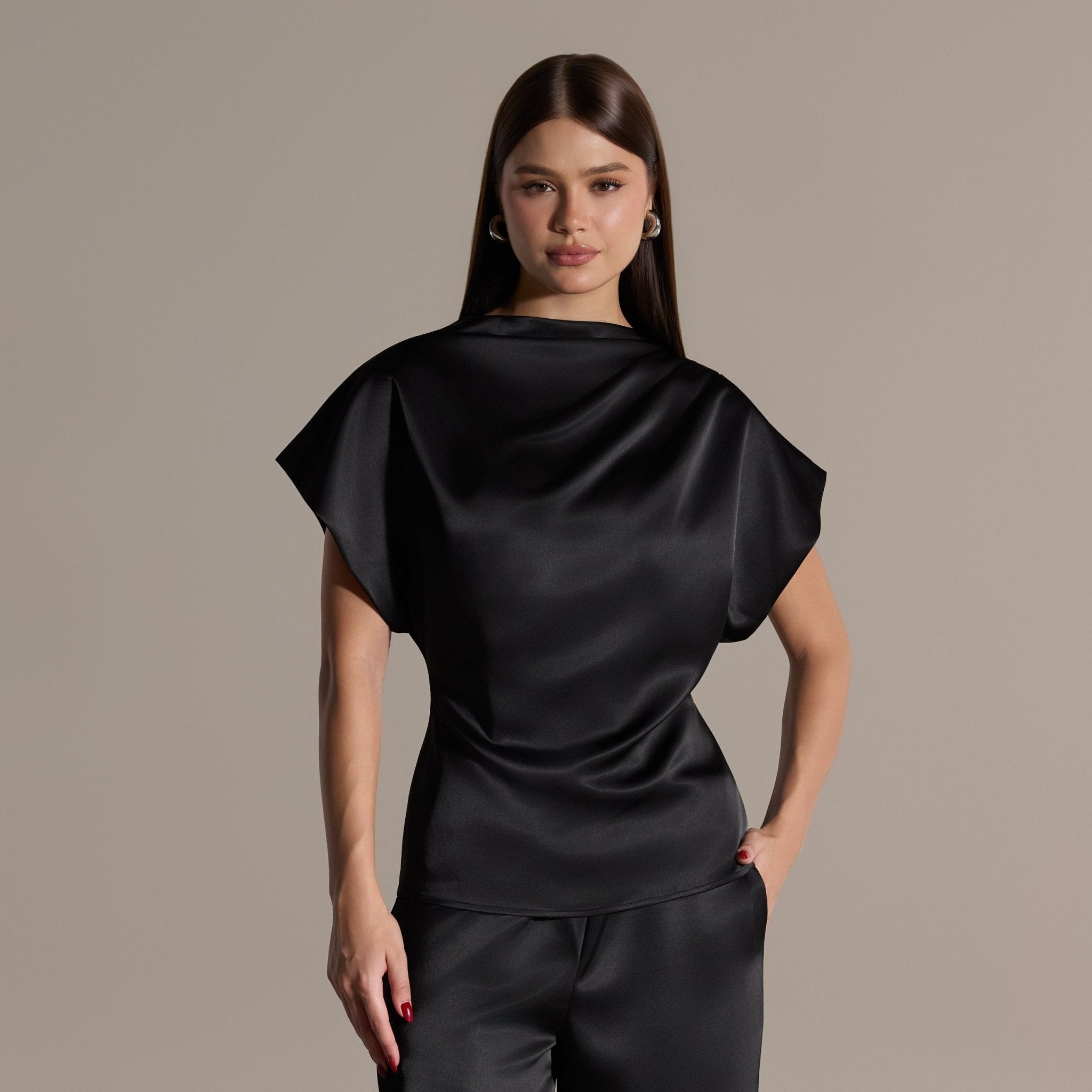 Black Draped Satin Blouse & Wide Leg Pants Set - shopaleena