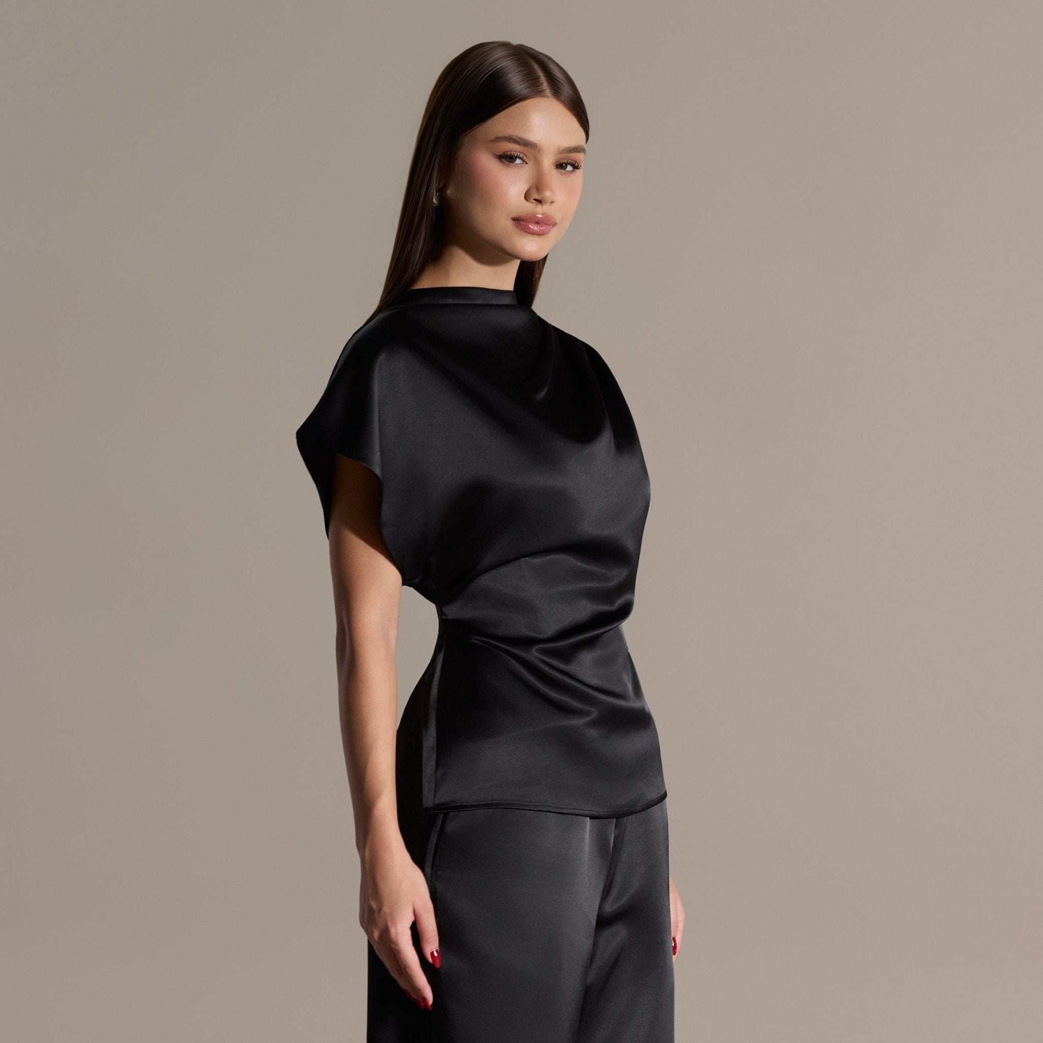 Black Draped Satin Blouse & Wide Leg Pants Set - shopaleena
