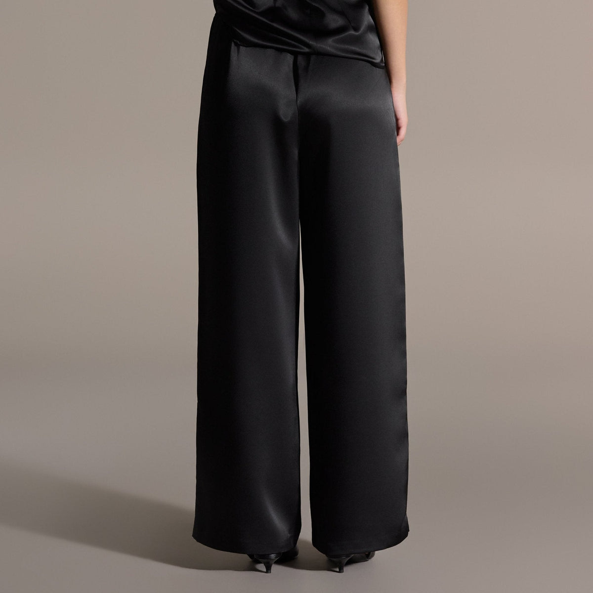 Black Draped Satin Blouse & Wide Leg Pants Set - shopaleena