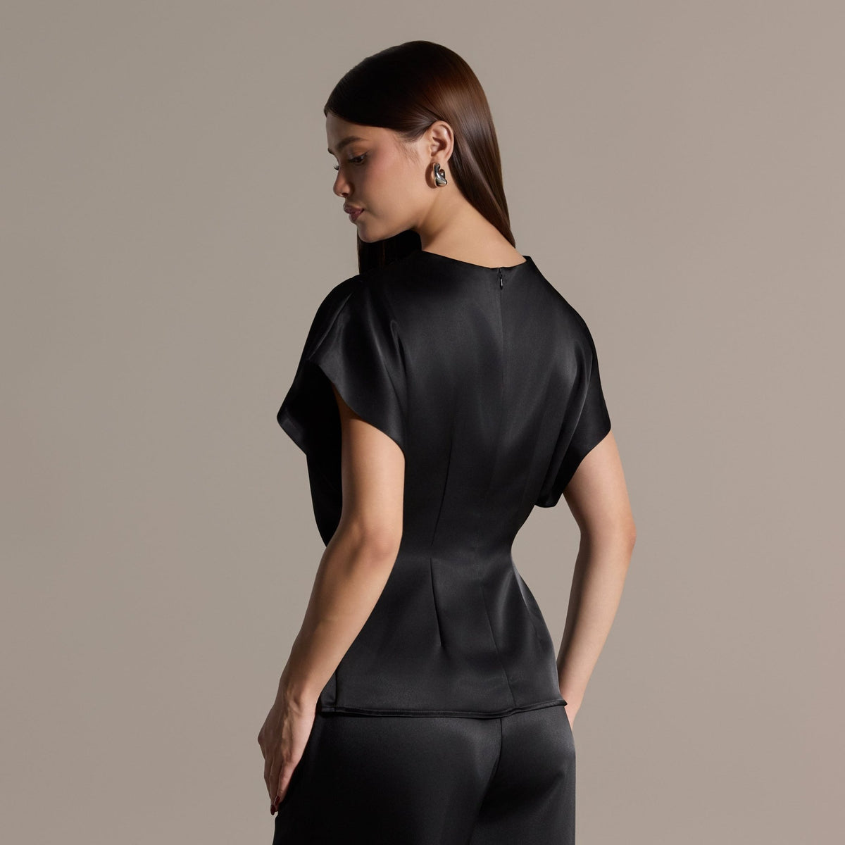 Black Draped Satin Blouse & Wide Leg Pants Set - shopaleena