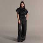 Black Draped Satin Blouse & Wide Leg Pants Set - shopaleena