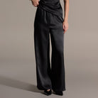 Black Draped Satin Blouse & Wide Leg Pants Set - shopaleena