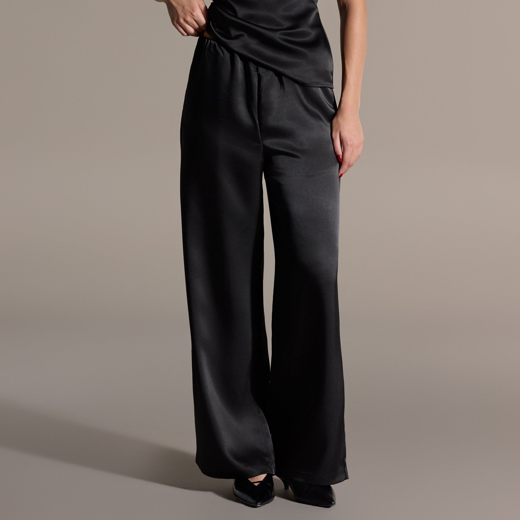 Black Draped Satin Blouse & Wide Leg Pants Set - shopaleena