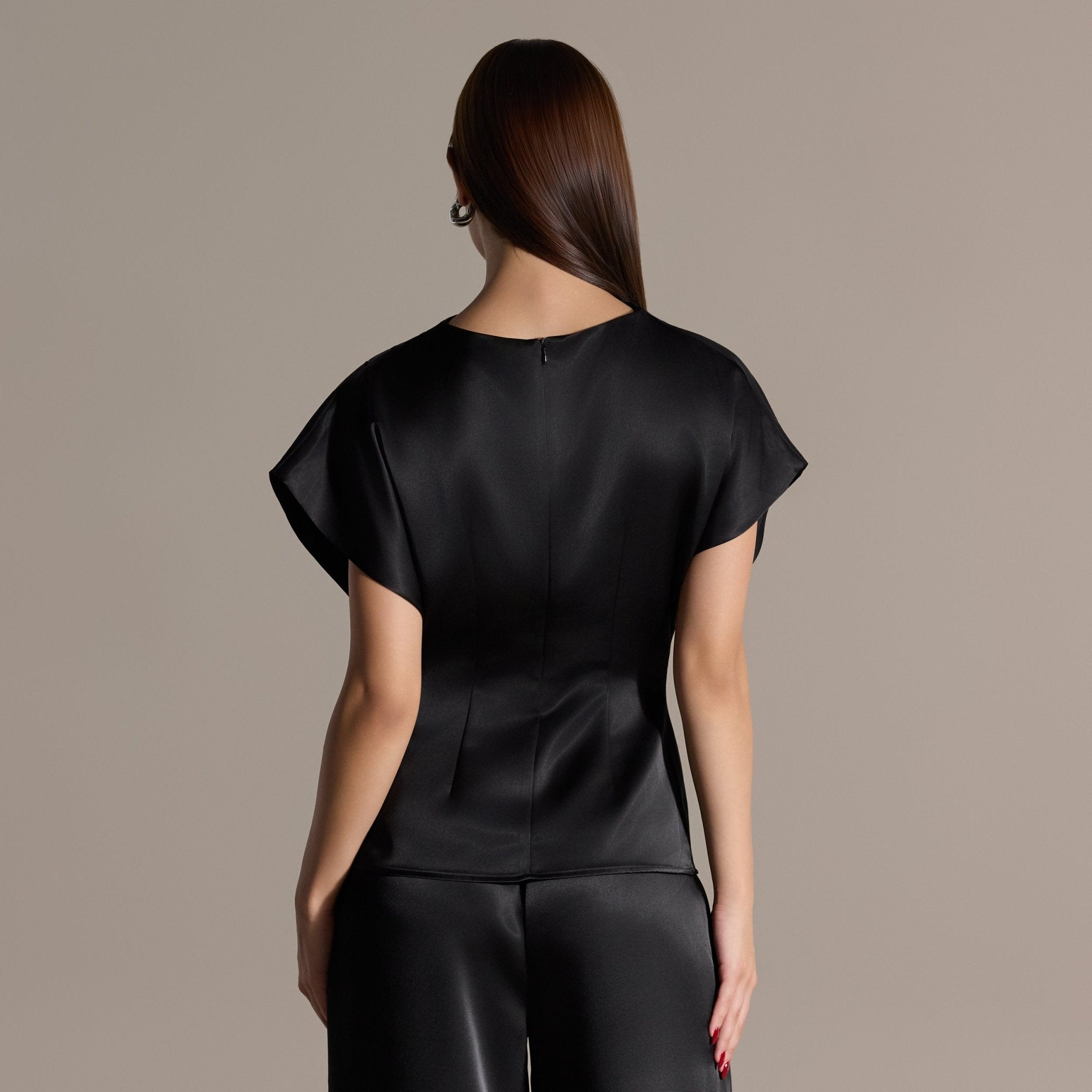 Black Draped Satin Blouse & Wide Leg Pants Set - shopaleena