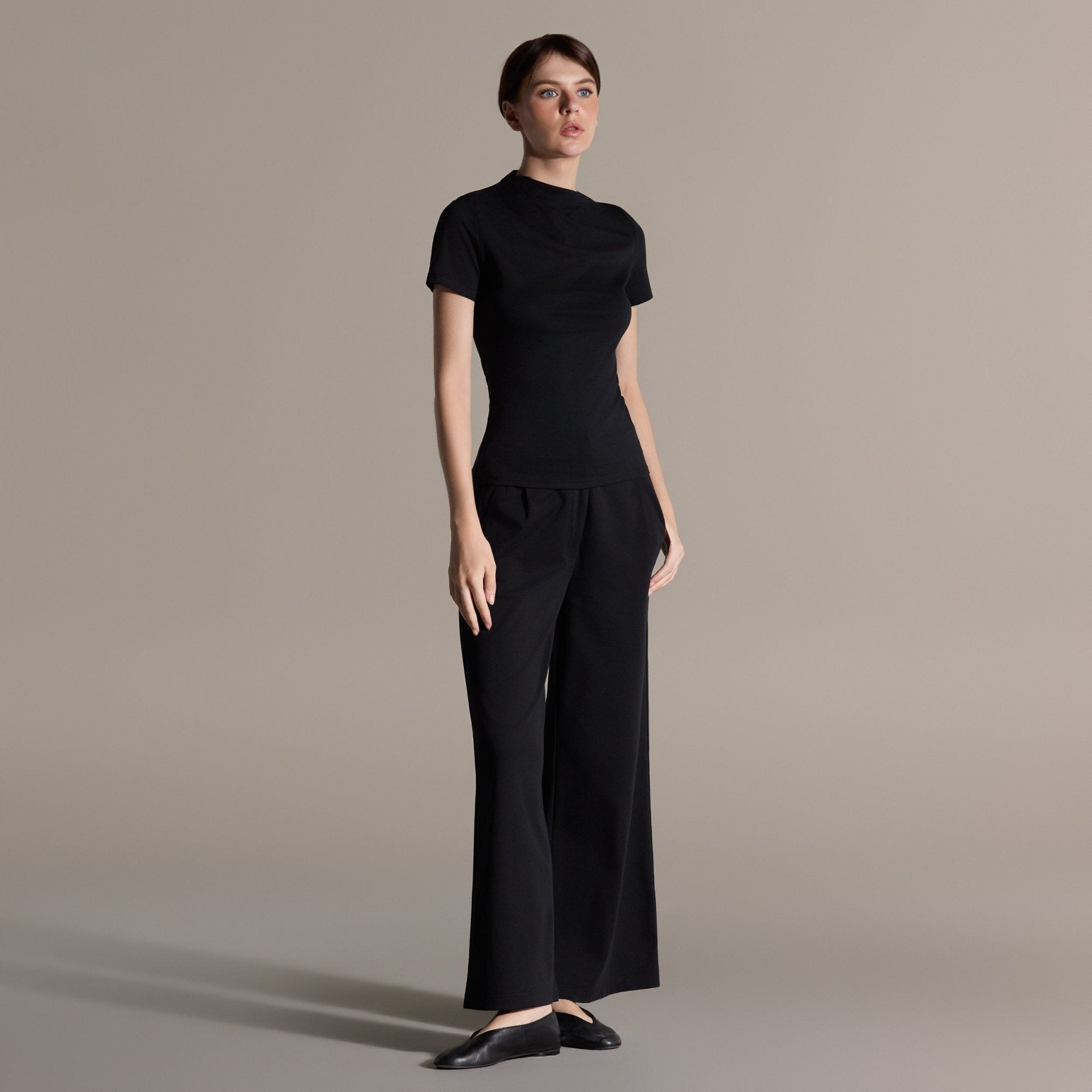 Black Draped Top & Wide Leg Pants Cotton Set - shopaleena