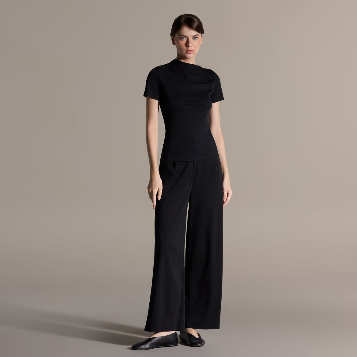 Black Draped Top & Wide Leg Pants Cotton Set - shopaleena
